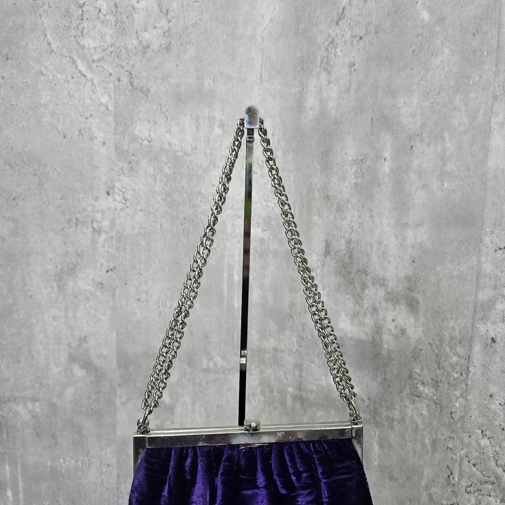 Vintage Purple Velvet Evening Bag Silver Frame Chain Strap Kiss Lock Purse - Picture 5 of 16